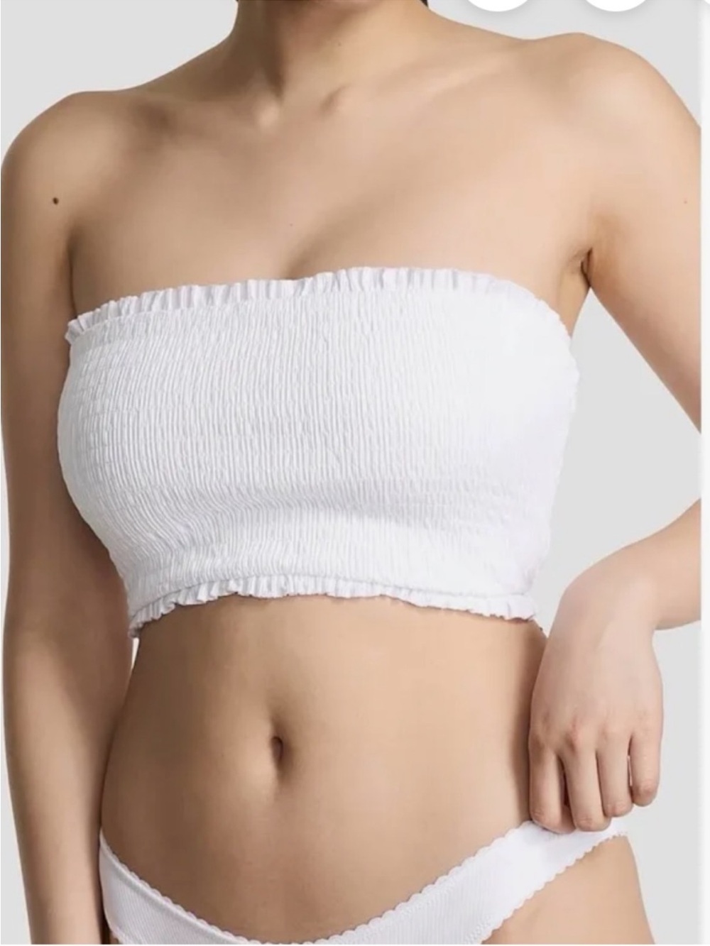 New! Frankie’s Bikinis xPINK Iris White Smocked Bandeau Bikini Top 34597